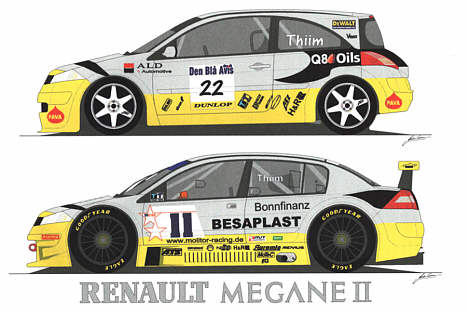 2 tegninger af Mário - øverst Thiims 2003 DTC-racer og nederst en fiktiv V8Star Megane.
(Foto: Mário Correia)